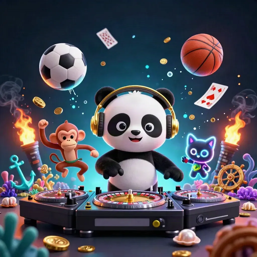 DJ panda, monkey, and glow kitten amid casino treasure, coins, cards, and sports balls