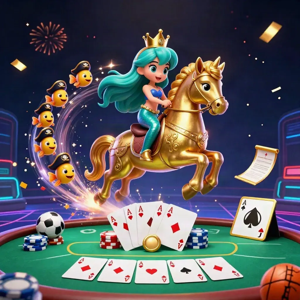 Mermaid princess on golden seahorse amid poker chips, cards, fish, and neon casino effects.