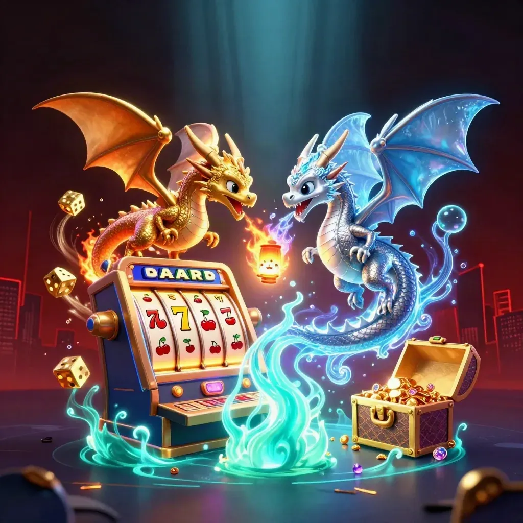 Twin gold and silver dragons spiral with fire and ice over bursting slots and treasure.
