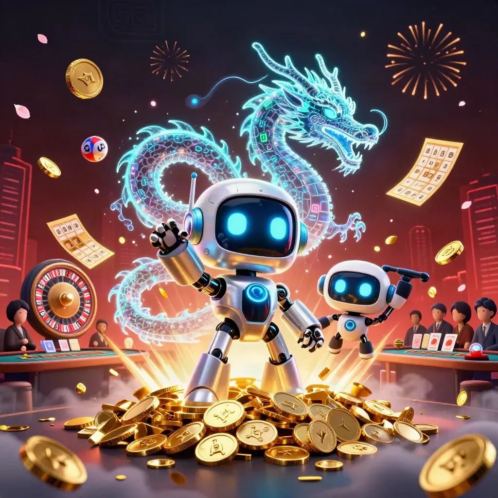 Cyberpunk robot, holographic dragon, and coin drone amid casino jackpots, fireworks, and floating gold coins.