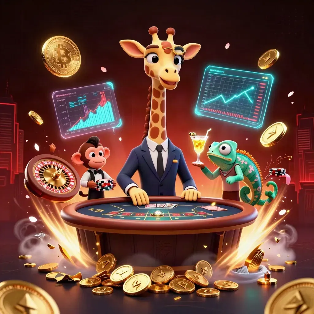 Giraffe, monkey, and chameleon in a vault burst with coins, roulette wheel, and neon casino effects