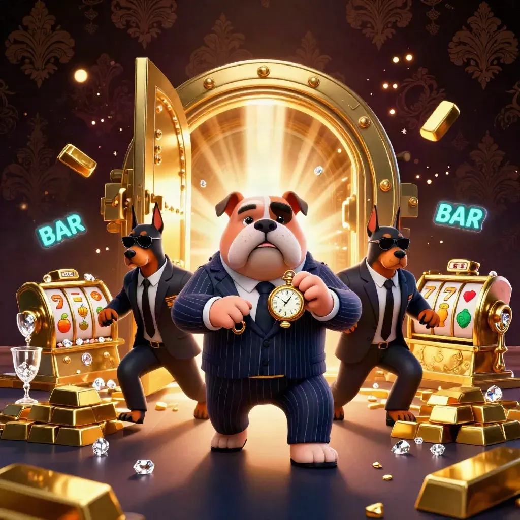 Mafia bulldog and two Dobermans burst from a treasure vault amid gold, reels, and neon casino glow.