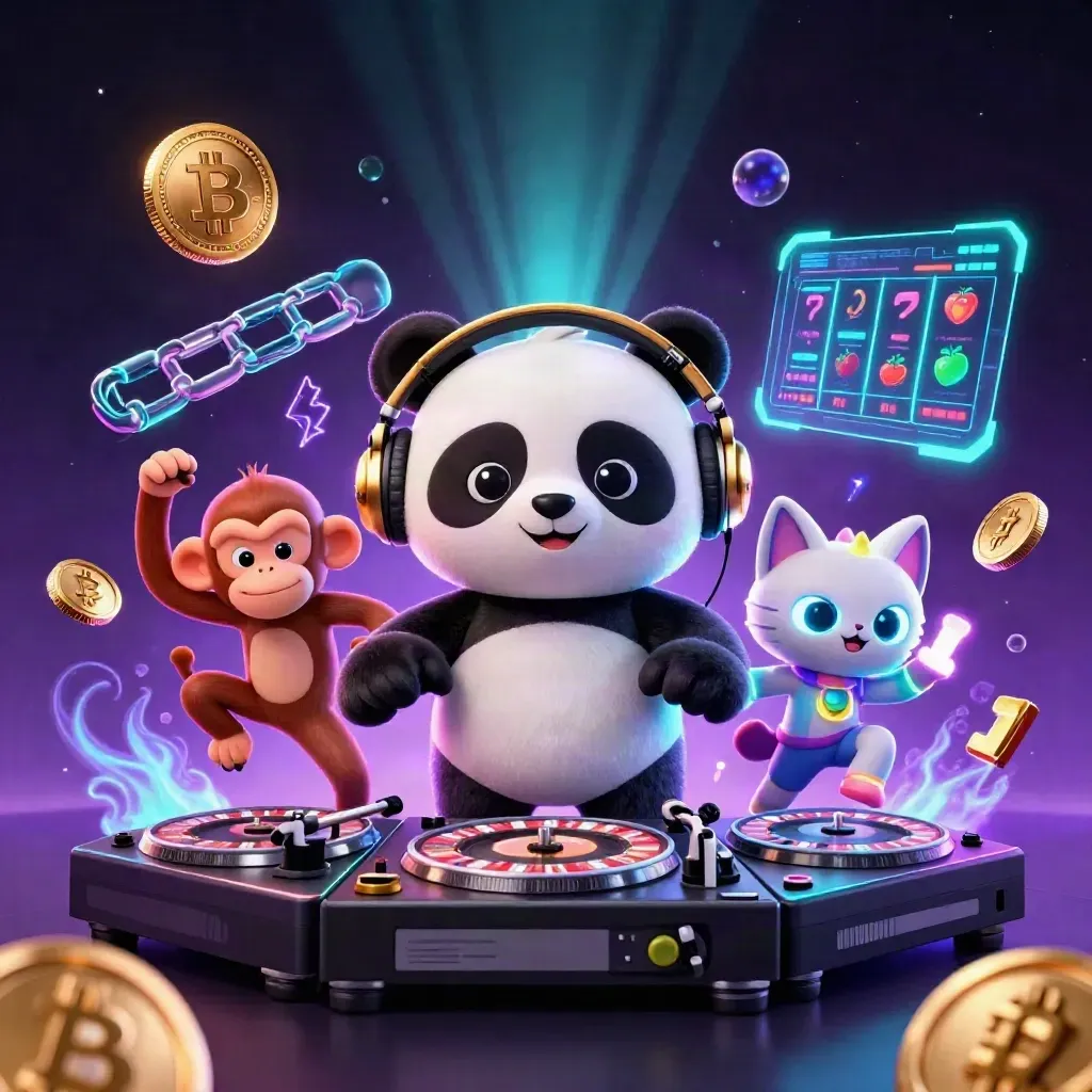 Neon cartoon panda DJ with monkey and kitten amid roulette wheels, coins, lightning, and casino effects.
